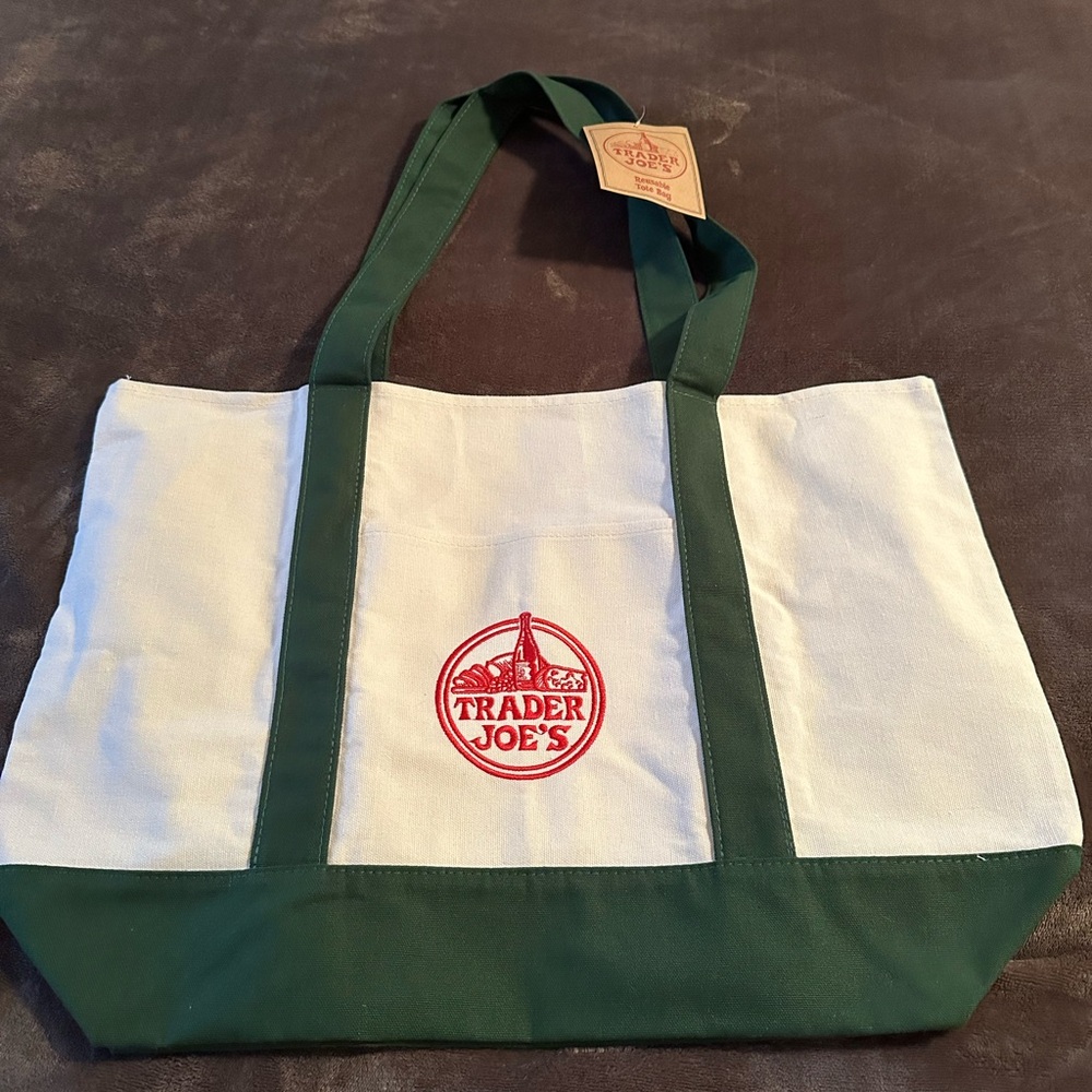 Trader Joe's Green and White Canvas Tote Bag